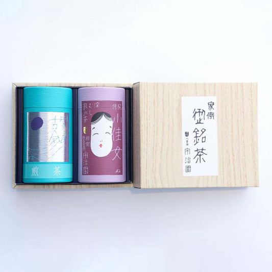 【煎茶】風月古今 “ふうげつここん” 進物缶入り (80g)・【深蒸し煎茶】小佳女 “おかめ” 進物缶入り (80g)