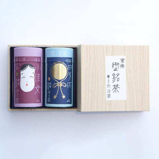 【深蒸し煎茶】小佳女 “おかめ” 進物缶入り (150g)・【かぶせ茶】田芽供 “でんがく” 進物缶入り (120g)