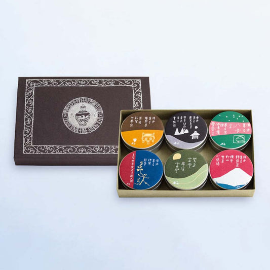 【傳承尊名六撰】嬉野茶 (30g)・鹿児島茶 (30g)・八女彩 (30g)・伊勢冠茶 (30g)・宇治古今 (30g)・静岡茶 (30g) 缶入り