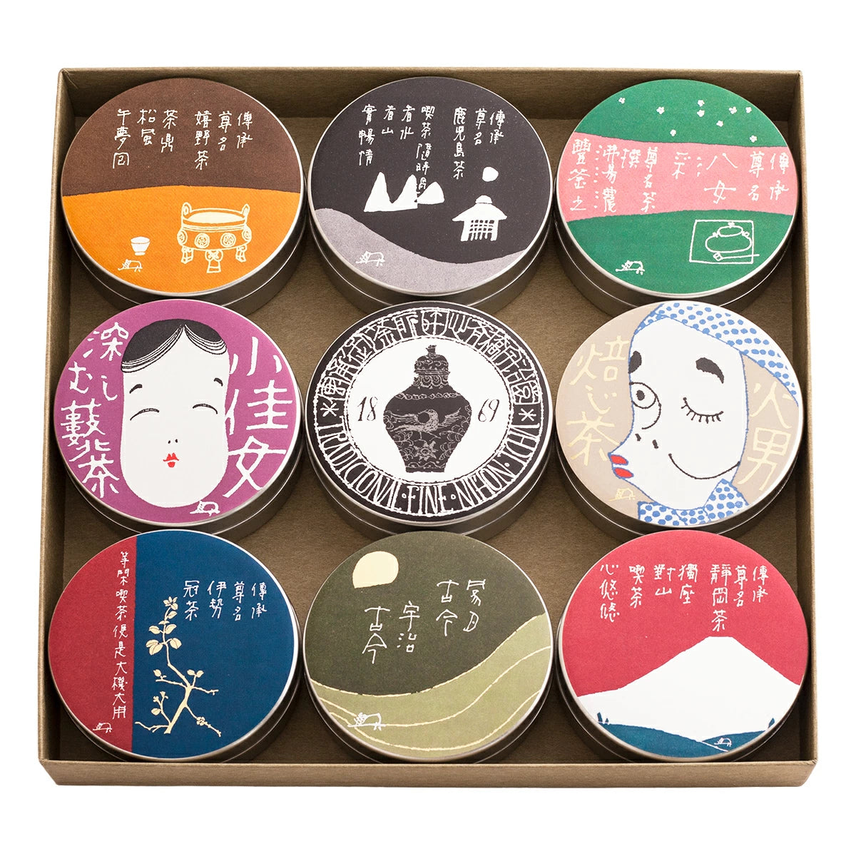【傳承尊名九撰】嬉野茶 (30g)・鹿児島茶 (30g)・八女彩 (30g)・小佳女 (30g)・玉露 (20g)・火男 (15g)・伊勢冠茶 (30g)・宇治古今 (30g)・静岡茶 (30g) 缶入り